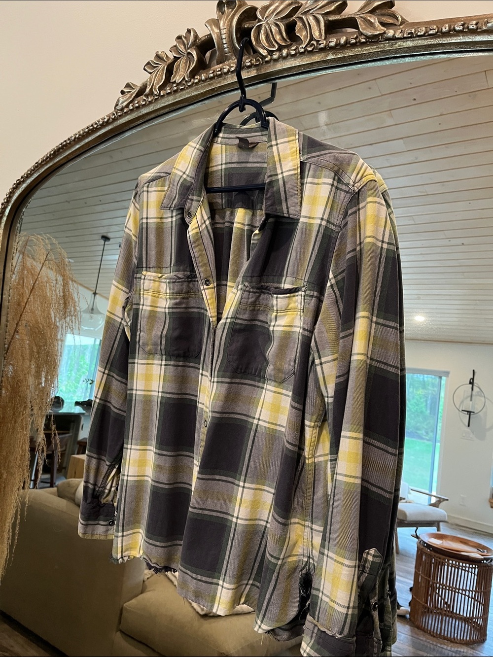 Eddie Bauer Yellow and navy Plaid Lightweight flannel with raw edge bottom.